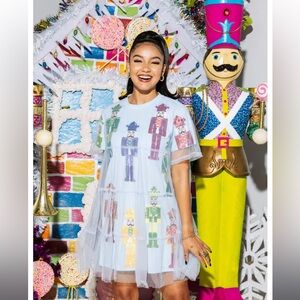 NWT - Queen of Sparkles Light Blue & Rainbow Nutcracker Tulle Overlay Tee Dress